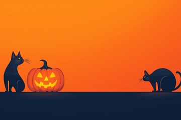 Fototapeta premium Halloween scene with black cats, jack-o'-lantern, and orange backdrop