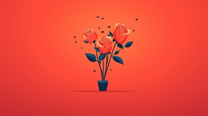 Romantic roses in a pot with hearts and vibrant red background