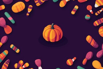 Pumpkin surrounded by colorful candies on a dark background