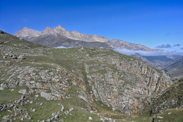 Rock massifs on the mountain slopes in Upper Balkaria