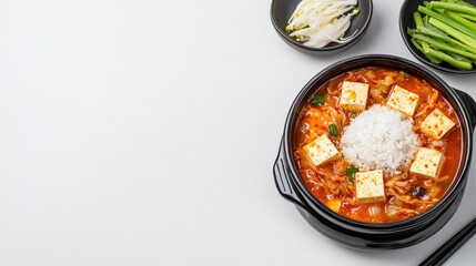 Spicy Korean Kimchi and Tofu Stew in Bowl on Wooden Table with Chopsticks