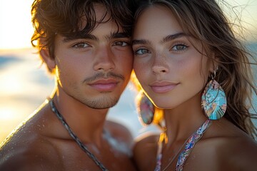 Sun-kissed youthful couple enjoying a beach sunset with freckles and vibrant earrings