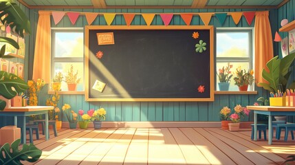 A bright classroom with a chalkboard, plants, and colorful decorations.