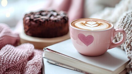 A beautifully crafted cup of pink coffee featuring delicate latte art rests on a stack of books. A rich chocolate cake sits in the background, inviting indulgence on a cozy afternoon