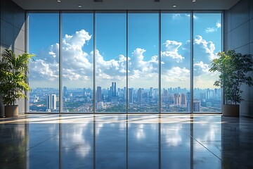 Fototapeta premium Empty office room with a view of the city skyline through a large window