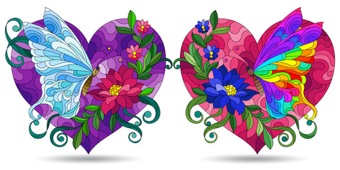 A set of stained glass illustrations with bright butterflies and flowers on hearts, compositions isolated on a white background