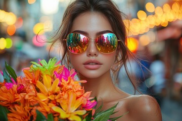 Fototapeta premium Woman with vibrant sunglasses and colorful bouquet in city lights