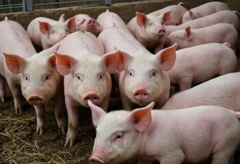 A herd of pigs is standing closely next to each other in the dirt