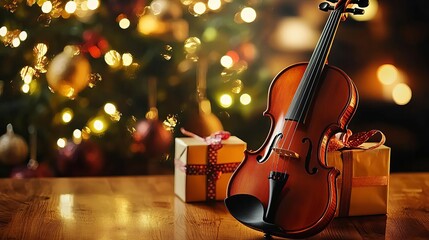 A festive violin placed beside beautifully wrapped gifts, creating a warm holiday atmosphere with twinkling lights in the background.