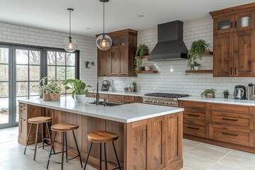 Modern farmhouse kitchen with wood cabinets, white subway tile backsplash, and large island.