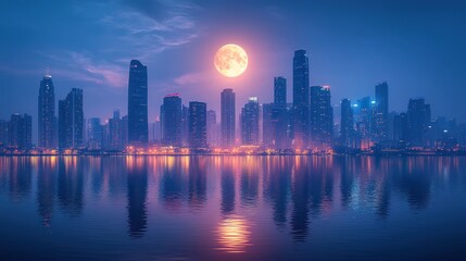 Fototapeta premium Full moon over a modern city skyline reflected in calm water at night.