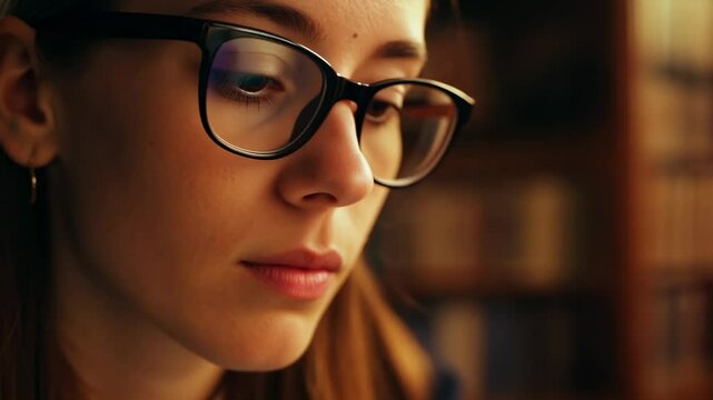 Young Caucasian female student with eyeglasses reading the book in a library. The young student reads intently, surrounded by rows of books and the library's calm ambiance.
