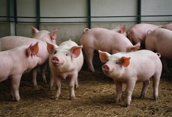 A herd of pigs is standing closely next to each other in the dirt