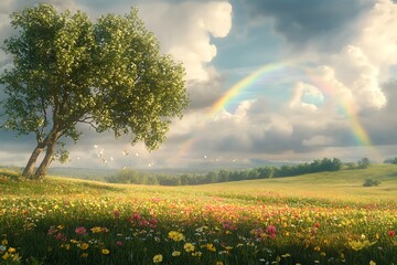 A serene landscape featuring a tree, colorful flowers, and a rainbow under a cloudy sky.