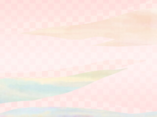 桃色市松模様に霞雲が浮かぶ和風背景