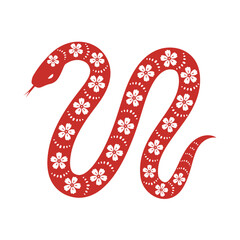 Red twisted snake with floral ornament. Hand drawn vector illustration in asian style.