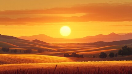Obraz premium Golden Sunset Over Rolling Hills And Fields