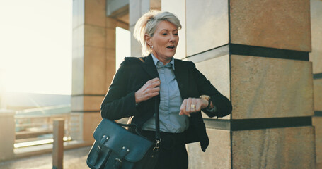 Late, running and business woman with watch in city for urgent meeting, rushing to appointment or...