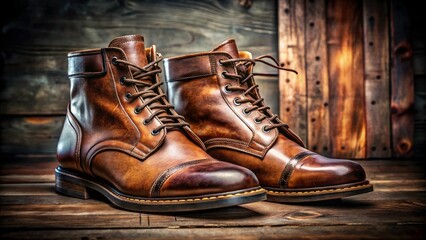 Double Exposure Brown Leather Boots, Dark Leather Background, Fashion Photography, Footwear, Boots Style