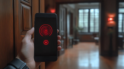 A hand holding a smartphone displaying a red radar-like interface indoors.