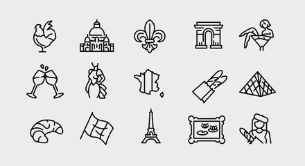 France icons. Set of 15 France-themed trendy minimal icons. Eiffel Tower, Arc de Triomphe, Louvre Pyramid, Croissant. Design signs for web pages, apps, and travel-themed projects. Vector illustration
