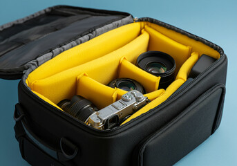 Fototapeta premium Open black camera bag with yellow padded dividers containing a camera and lenses.