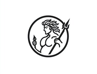Fototapeta premium Monochrome circular emblem of a muscular male figure, reminiscent of Neptune, holding a torch and trident.