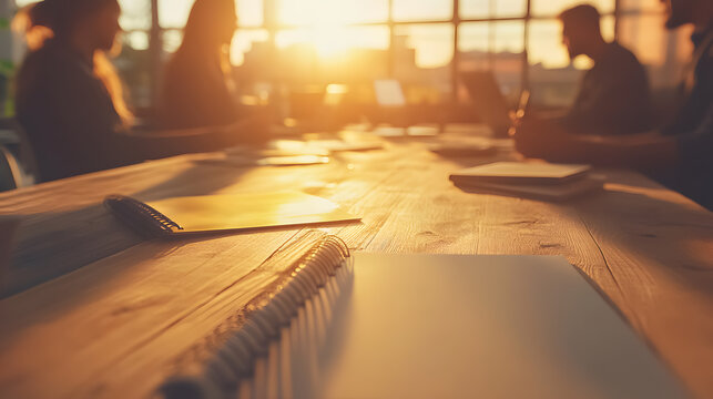 A team brainstorming session with young creative managers working on a new startup project in a modern office, with generic design notebooks on a wooden table and a sunset effect.