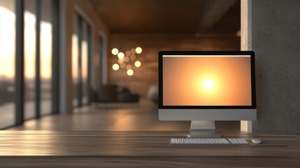 Fototapeta premium Modern Desktop Computer Sunset Display Workspace