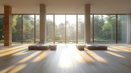 Fototapeta premium Modern minimalist living room with large windows overlooking a lush garden. Perfect for showcasing tranquility, relaxation, and modern architecture.