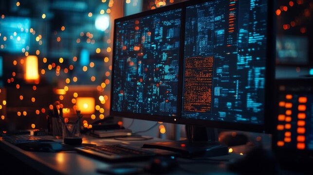 Dual Monitor Display Showing Lines Of Code At Night