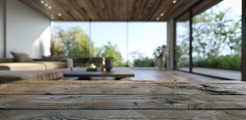 Obraz premium A modern, spacious interior with wooden surfaces and large glass windows offering a view of greenery outside.