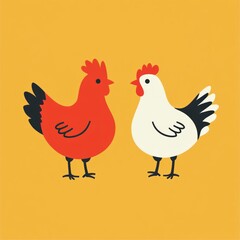 Two hens facing each other, red and white.