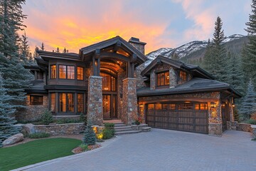 Fototapeta premium Rustic stone and wood mountain home at sunset, illuminated windows. Perfect for real estate, luxury home, or architectural design websites.