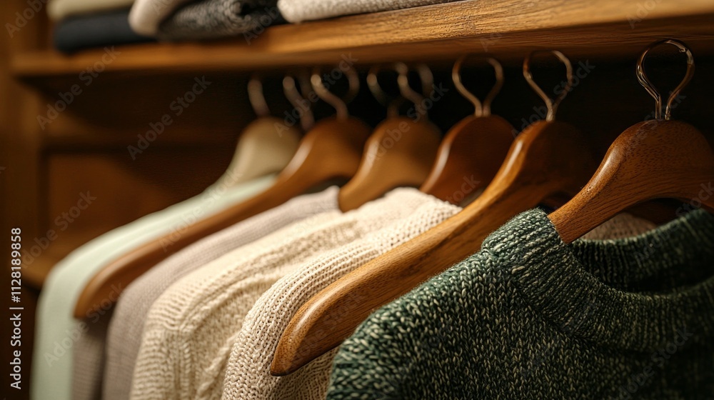 Fototapete Soft textures and inviting colors fill the open closet as hangers display an array of cozy knitwear, creating a warm and organized atmosphere. Each piece contributes to a sense of style and comfort