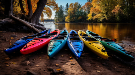 A group of brightly painted kayaks stacked neatly on the shore beside a river.