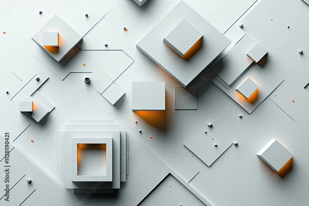 Poster abstract 3d rendering of white cubes with inner orange glow. ideal for tech, modern, or minimalist d