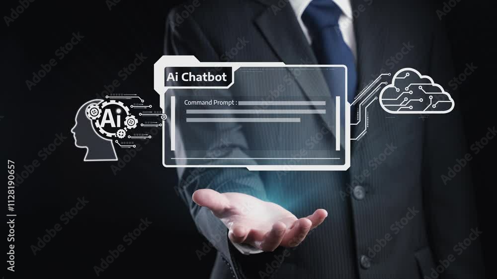 Poster human interact with ai artificial intelligence virtual assistant chatbot in concept of ai artificial