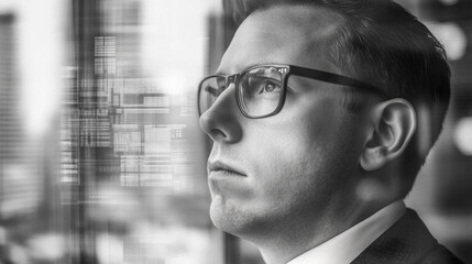 Fototapeta premium Thoughtful businessman looking out of a window with digital overlay, reflecting on future possibilities and technological advancements in modern urban setting
