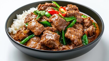 Fototapeta premium Savory Beef Curry Rice Bowl with Vibrant Vegetables