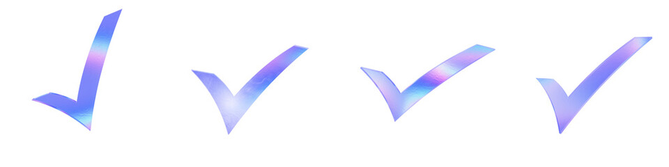 Set of 4 3d glass check mark shape with aberration effect isolated on a transparent background. Blue tone. 3d transparent elements for graphic design.