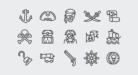 Pirate icons. Set of 15 pirate trendy minimal icons. Example: Anchor, Skull, Parrot, Ship Wheel, Flintlock icon. Design signs for web page, mobile app, packaging design. Vector illustration.