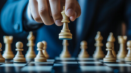 Strategic move in chess game as a hand lifts king piece above board surrounded by pawns in a focused and intense chess match scenario