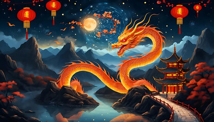 Majestic Golden Dragon Soaring Over Serene Night Landscape with Pagoda and Lanterns Celebrating Lunar New Year