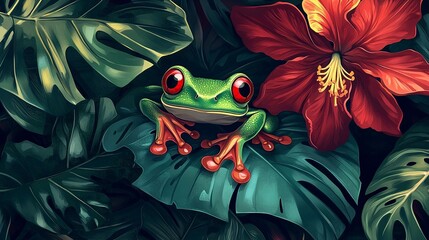 wildlife. Red-eyed Tree Frog. Beautiful frog from tropical forest. Jungle animal on the red flower bloom. Green leave, frog with red eye.