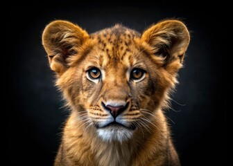 Lion Cub Portrait, Black Background, Wildlife Photography, Animal Photo, Cute Baby Lion, Majestic Creature