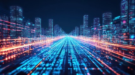 Obraz premium Holographic city illuminated by neon data streams, high-tech transportation networks, advanced digital screens projecting virtual data, ultra-modern cityscape 