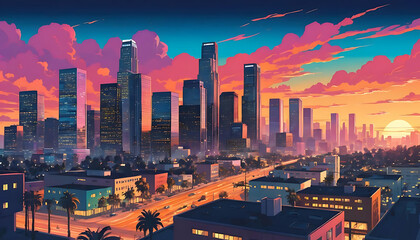 Obraz premium Los Angeles Skyline at Sunset: A Vibrant Cityscape with Warm Hues and City Lights