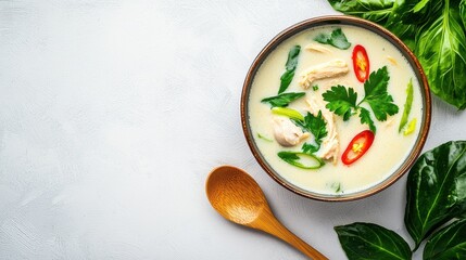 Creamy Vegetable Soup in Rustic Ceramic Bowl Garnished with Fresh Greens and Chili Peppers