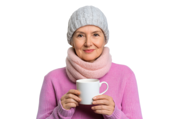 PNG woman in winter clothes holding a mug